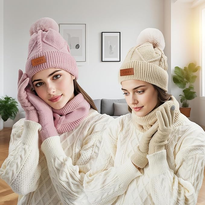 4 Pieces Winter Hat Scarf Glove Set for Women,Fleece Lined Beanie with Pom Pom,Touchscreen Gloves Knit Scarf for Cold Weather