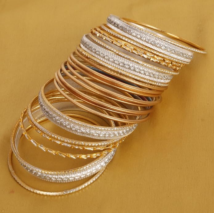 Touchstone Indian Metal Bangles for Women Gold Alloy Bracelets desi 2 Dozen Bangle Collection Bollywood Women's Jewelry Set Multi Stacking Wide Chunky Textured Golden Set of 24 in Gold or White Tone