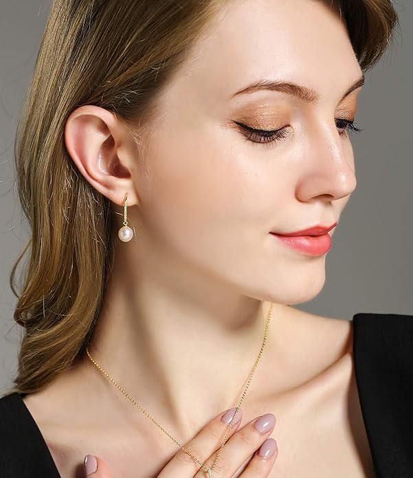 CHAULRI Minimalist Modern Sleek Cultured White Pearl Earrings 8-9mm Gold Plated Sterling Silver - Jewelry Gifts for Women