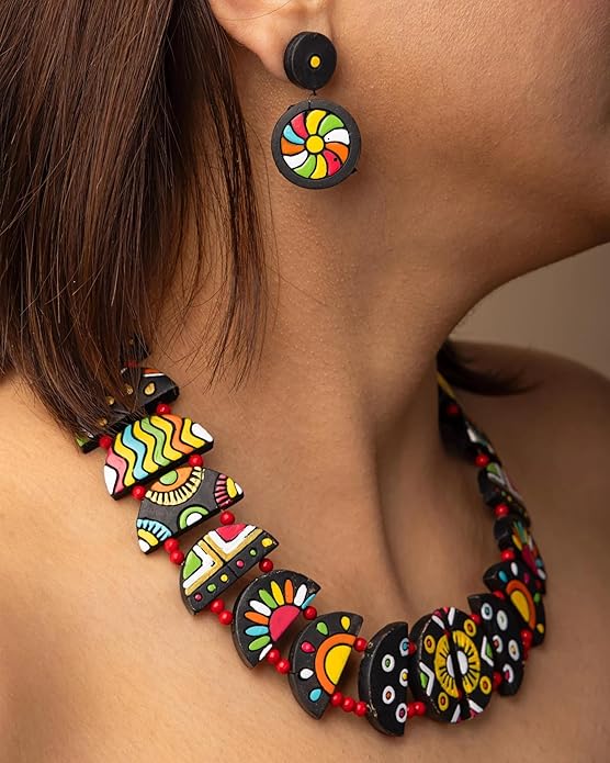 Celestial Creations Handmade Terracotta Necklace and Earrings Set – Boho Tribal Statement Jewelry for Women, Eco-Friendly Festival & Party Wear Gift