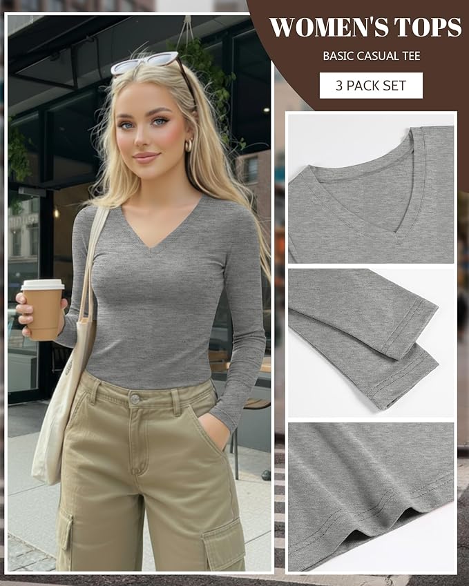 Ficerd 3 Pack Women's Long Sleeve Shirts, V Neck Basic Tees Slim Fitted Casual Fall Tops Going Out Blouses T Shirts