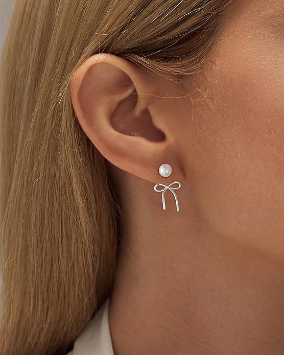 ASCOMY Gold Stud Earrings for Women - Dainty Bow 14K Gold/Silver Plated Pearl Earrings - Trendy Cute Ribbon Minimalist Jewelry Gifts for Her