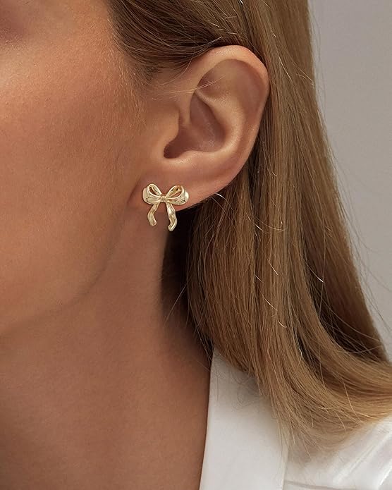 ASCOMY Gold Stud Earrings for Women - Dainty Bow 14K Gold/Silver Plated Pearl Earrings - Trendy Cute Ribbon Minimalist Jewelry Gifts for Her