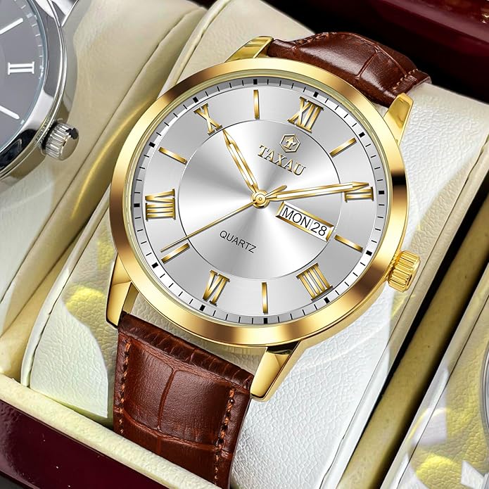Leather Band Mens Watches with Day Date Quartz Analog Large Face Classic Watch Roman Numerals Dress Luminous Rlojes para Hombres
