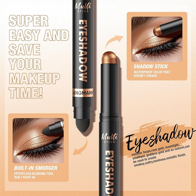 LANGMANNI 6Colors Dual-Ended Cream Eyeshadow Stick Set – Silky Smooth, Waterproof & Transfer-Proof, Built-in Blender Brush, All-Day Matte & Shimmer Wear Eye Makeup(#1+2+3+4+5+6)
