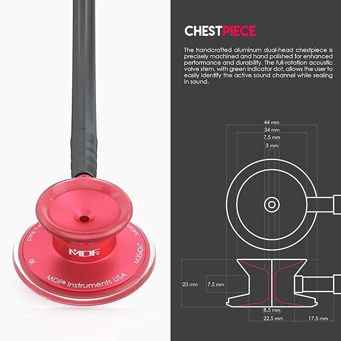 MDF Instruments, Acoustica Lightweight Stethoscope for Doctors, Nurses, Students, Home Health Use, Adult, Dual Head, Black Tube, Red Chestpiece-Headset, MDF747XPR11