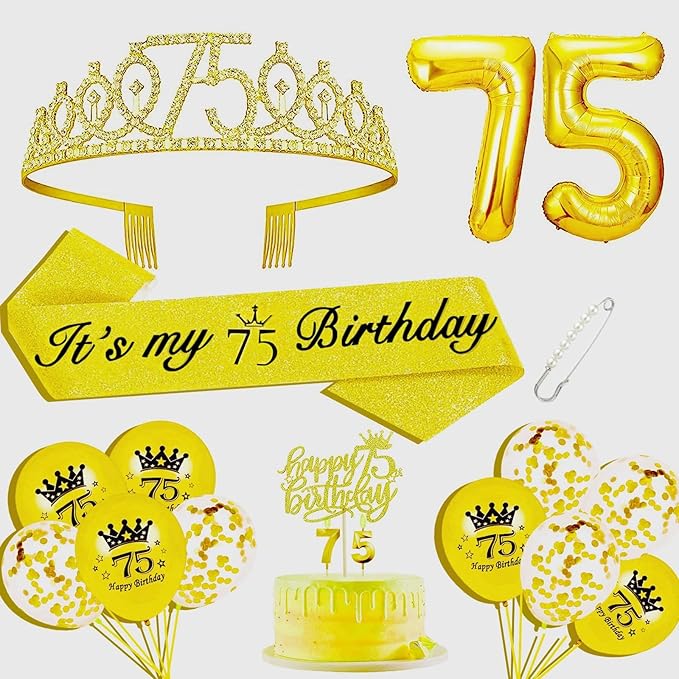 75th Birthday Decorations for Her Girls Set, Include 75th Birthday Crown and 75 Sash, 75th Birthday Cake Topper and 75 Birthday Candles, Gold 75 Balloons, Women 75th Party Supplies(Gold)