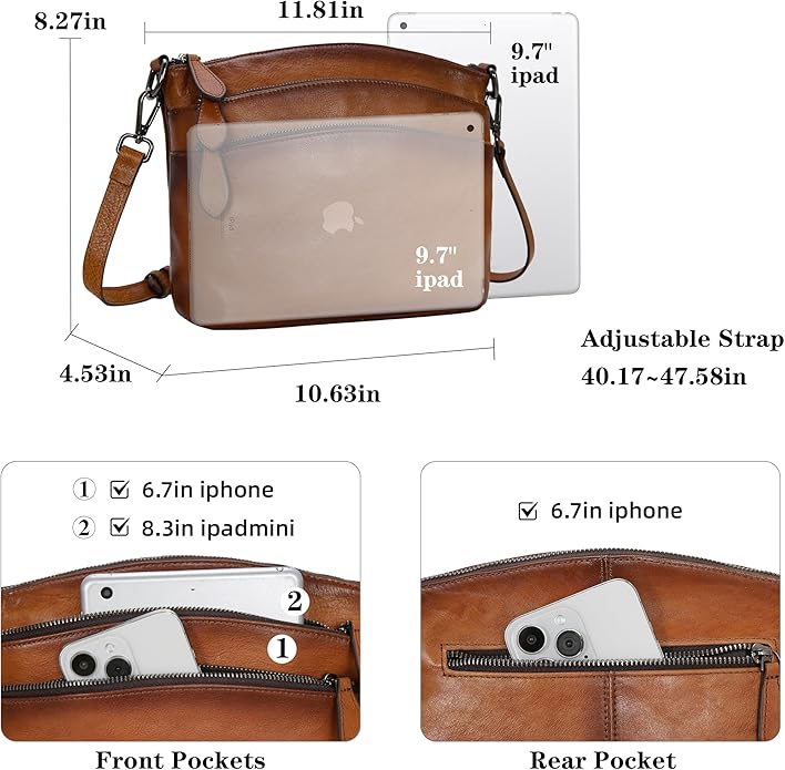 HESHE Crossbody Bags for Women Genuine Leather Purses with Multi-Pockets Vintage Ladies Small Shoulder Satchel Bag