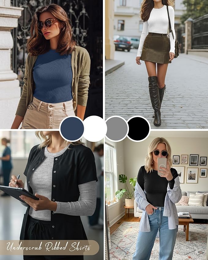 Neer 4 Pack Women's Ribbed Long Sleeve Shirts, Cotton Crew Neck Slim Fit Tops Stretch Knit Casual Base Layer Basic Tee Shirts
