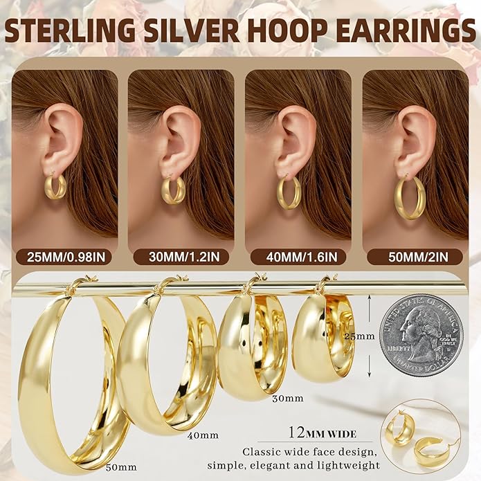 Senteria 12mm Wide Thick Hoop Earrings 925 Sterling Silver Hoop Earrings for Women Hypoallergenic 14K Real Gold Plated Hoops Large Earring Lightweight Chunky Hoops Earring for Women 25/30/40/50MM