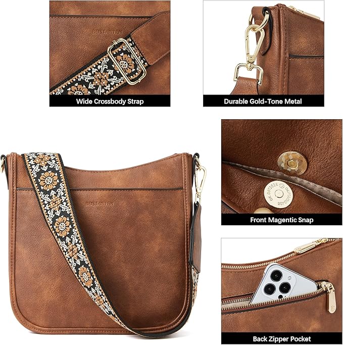 BOSTANTEN Crossbody Bags for Women Trendy Vegan Leather Hobo Purses Shoulder Handbags With Wide Shoulder Strap