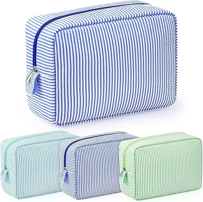 Sanwuta 3 Pcs Seersucker Makeup Bags Seersucker Cosmetic Bags Striped Women Large Travel Toiletry Organizer Preppy Storage Pouch for Embroidery Wedding Bridesmaid Gifts(Navy Blue, Green, Lake Blue)