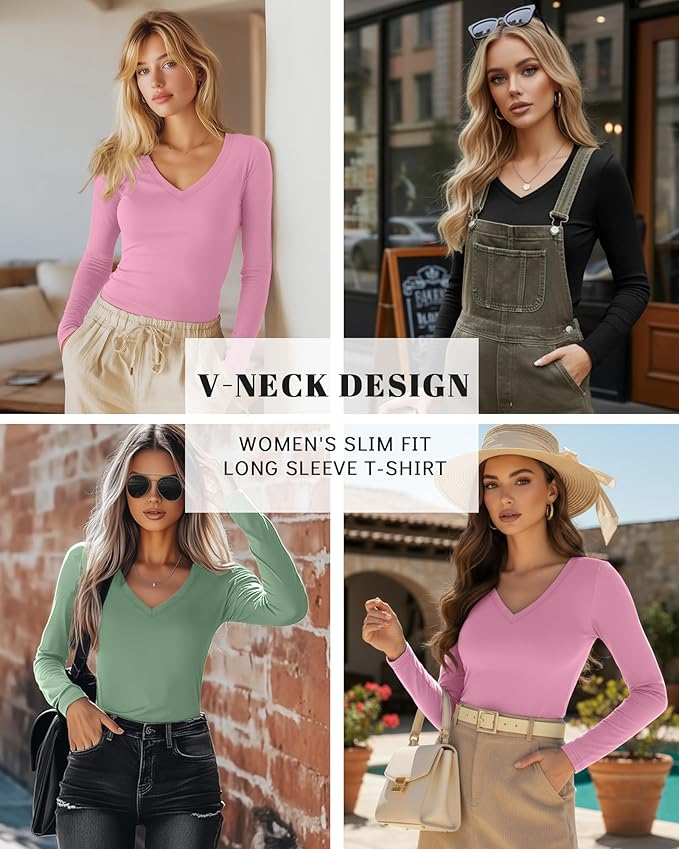 Ficerd 3 Pack Women's Long Sleeve Shirts, V Neck Basic Tees Slim Fitted Casual Fall Tops Going Out Blouses T Shirts