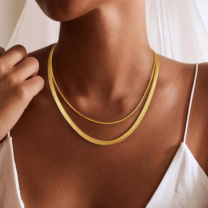 Gold Necklace for Women, 18K Gold Plated Layered Herringbone Necklace Choker Chain Necklaces Dainty Gold Necklaces Waterproof Jewelry for Women Non Tarnish