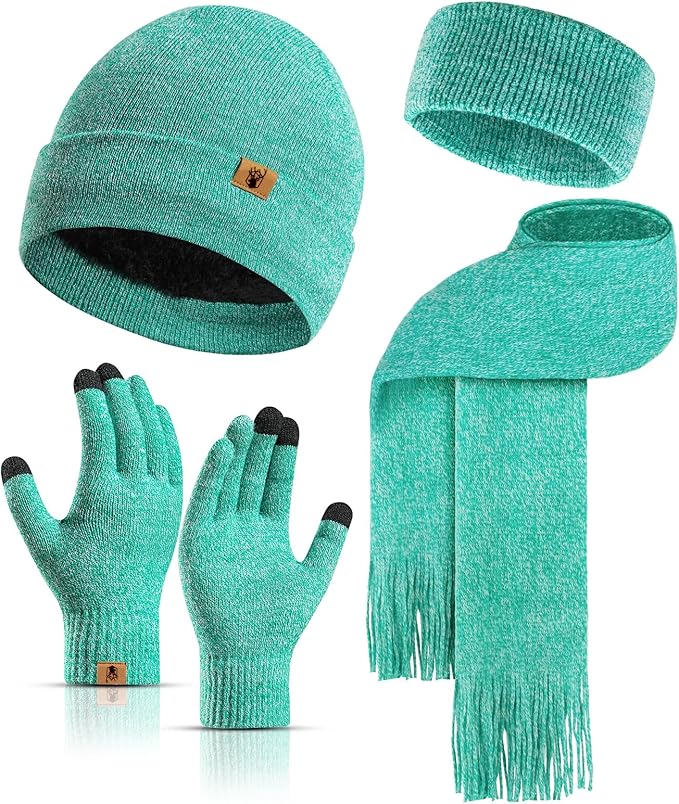 Winter Warm Beanie Hat Touchscreen Gloves Long Scarf Set for Women with Headband, Knit Cap Scarves with Tassel for Women