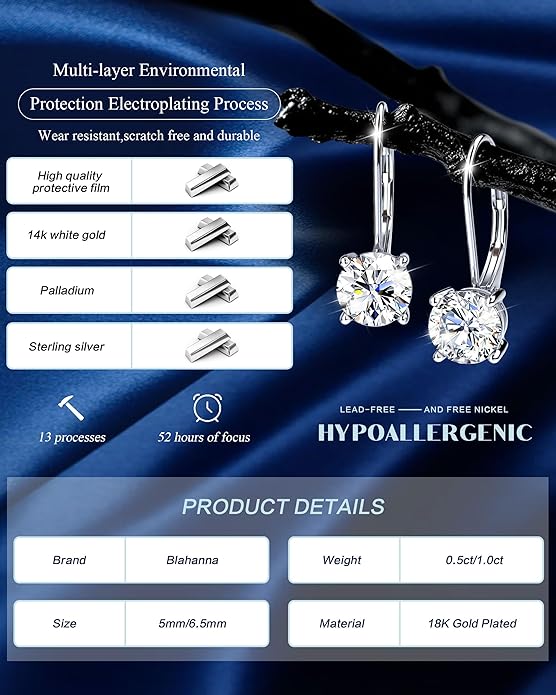 Moissanite Earrings,1.0ct-2.0ct D Color Brilliant Round Cut Earring 18K White Gold Plated Sterling Silver Dangle Earrings Moissanite Leverback Drop Earring s