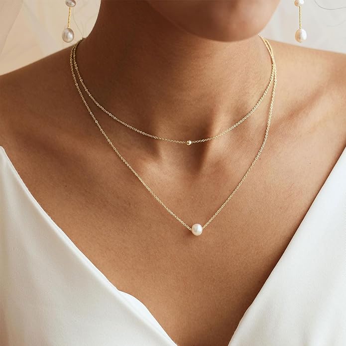Valentines Day Gifts for Her - 14K Gold Plated Pearl Necklaces for Women Trendy Dainty Necklace Simple Layered Pearl Necklaces for Women Trendy Wedding Birthday Valentines Jewelry