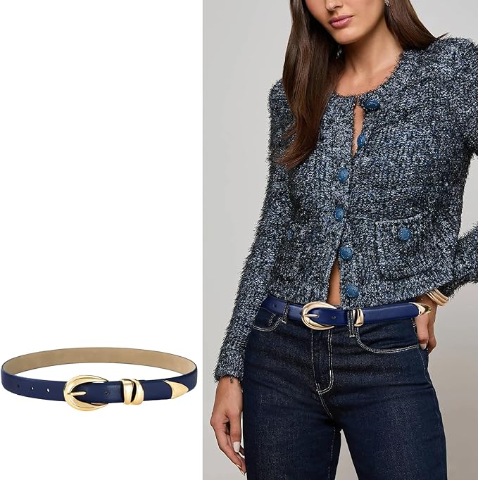 Belts for Women with Gold Buckle – Adjustable Black leather Belt for Jeans, Dress, Pants