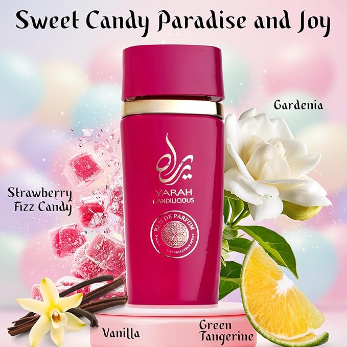 SAADAH Yarah Candilicious Eau De Parfum for Women 4.0 Fl.oz, 120ml Fruity Floral Gourmand Perfume, Sweet Strawberry Vanilla Cotton Candy, Gardenia Amber Musk, Long Lasting Luxury Fragrance