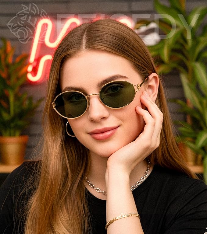 FEISEDY Retro Oval Small Sunglasses for Women Men 90s Trendy Classic Y2K Frame Round Shades UV400 Protection B9164