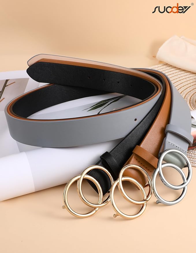 SUOSDEY Women Leather Belt Fashion Double O-Ring Soft Faux Leather Waist Belts For Jeans Dress