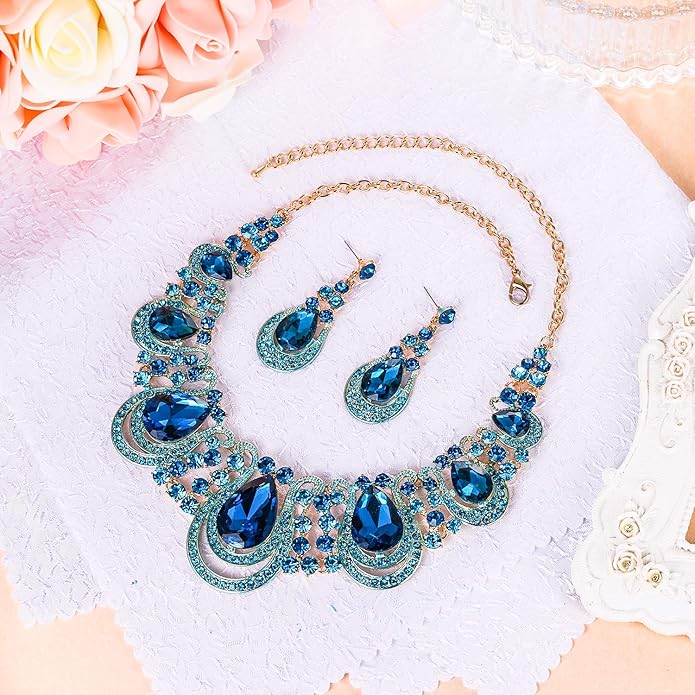 BriLove Women's Costume Fashion Crystal Teardrop Hollow Scroll Statement Necklace Dangle Earrings Set