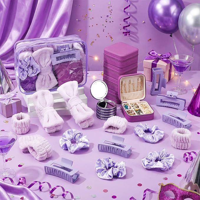 Spa Party Favors Pink Sleepover Party Supplies Bow Headband Wristband Scrunchies Hair Clip Jewelry Case Makeup Bag Mirror for Women Bridesmaid Return Gifts(Purple,48 Pcs)