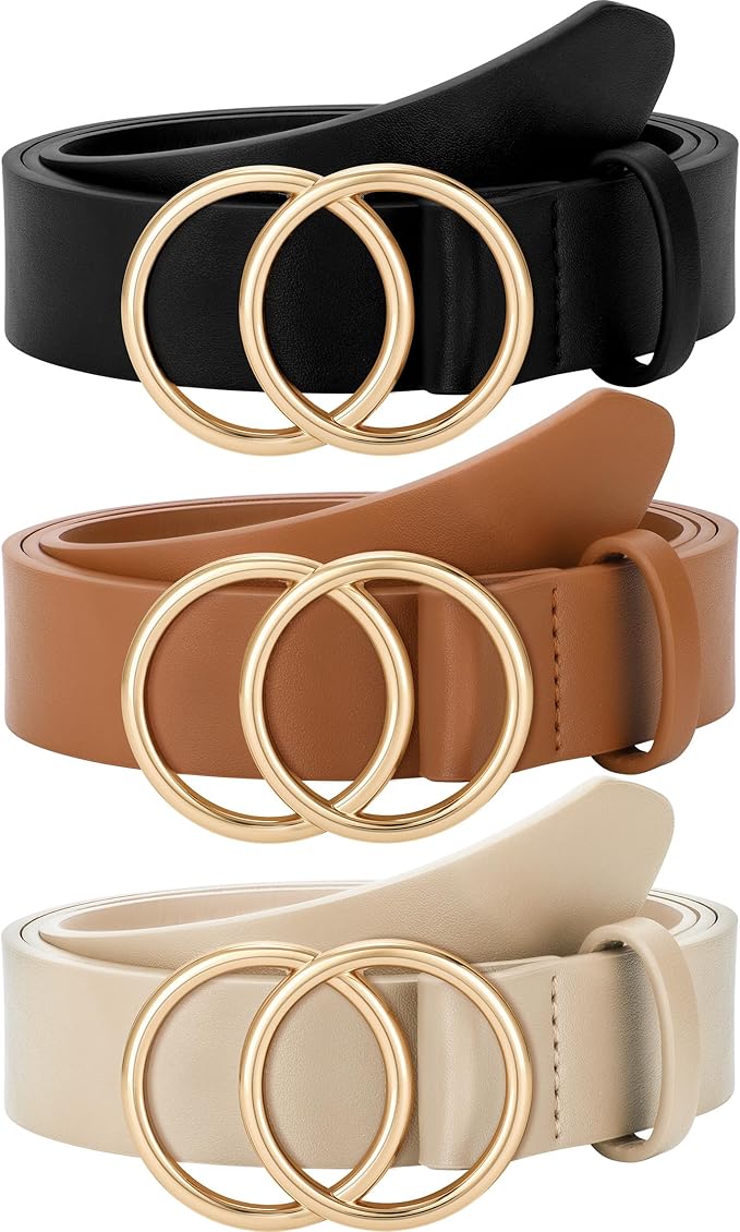 SUOSDEY Women Leather Belt Fashion Double O-Ring Soft Faux Leather Waist Belts For Jeans Dress