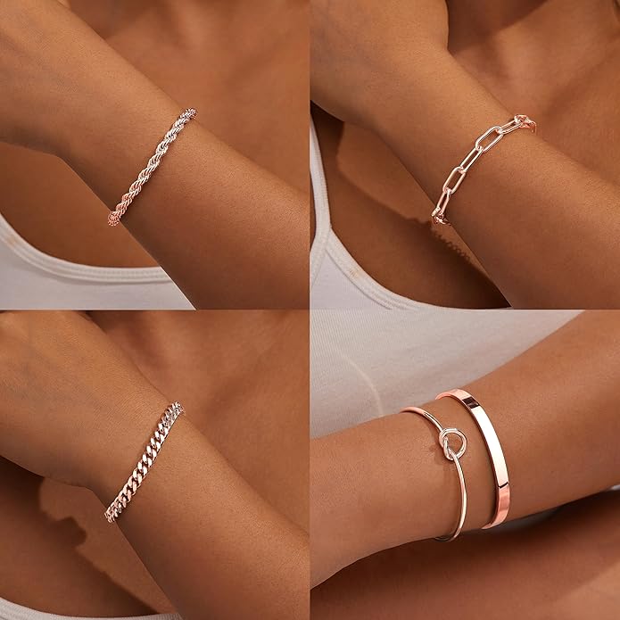 Gold Bracelets Set for Women Non Tarnish, 14K Gold Plated Sterling Silver Chunky Cuff Bracelet Stackable Gold Bangles Bracelet for Women Trendy Fashion Accessories Tie Knot Cuban Rope Paperclip Beaded Bracelet Stack Jewelry Valentines Day Gifts