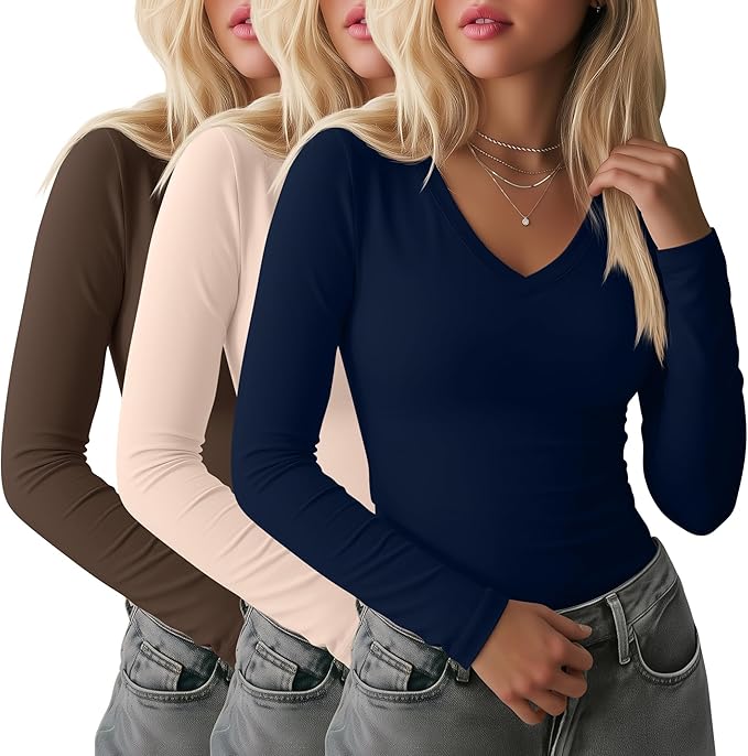Ficerd 3 Pack Women's Long Sleeve Shirts, V Neck Basic Tees Slim Fitted Casual Fall Tops Going Out Blouses T Shirts