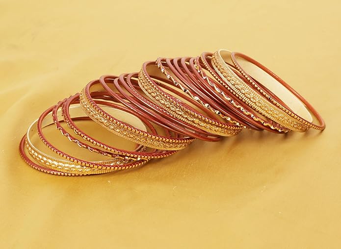 Touchstone Indian Metal Bangles for Women Gold Alloy Bracelets desi 2 Dozen Bangle Collection Bollywood Women's Jewelry Set Multi Stacking Wide Chunky Textured Golden Set of 24 in Gold or White Tone