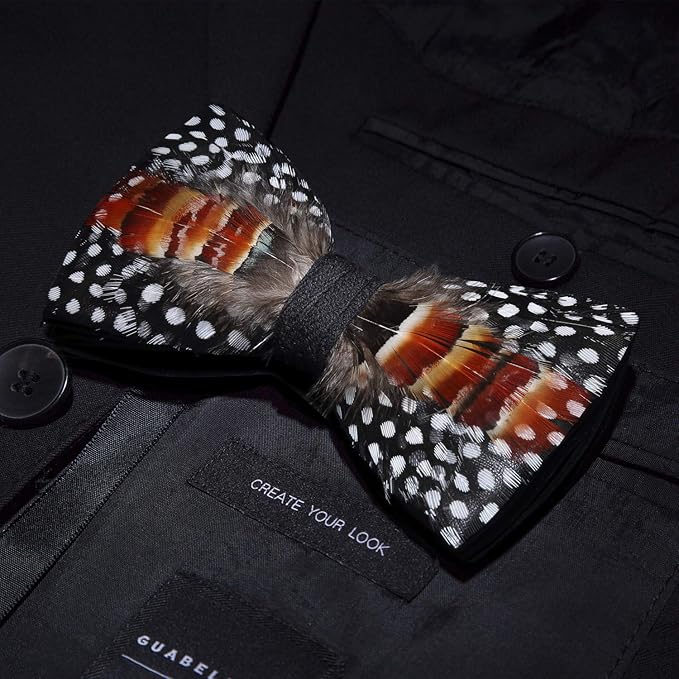 RBOCOTT Handmade Feather Pre-tied Bow tie and Brooch Sets for Men