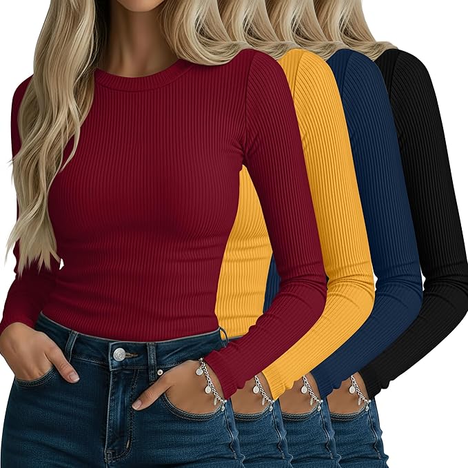 Neer 4 Pack Women's Ribbed Long Sleeve Shirts, Cotton Crew Neck Slim Fit Tops Stretch Knit Casual Base Layer Basic Tee Shirts