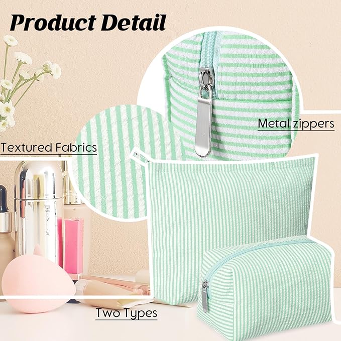 2 Pieces Makeup Bag Set Cute Cosmetic Pouch for Women Seersucker Travel Toiletry Bag Preppy Small Makeup Purse Pouch Aesthetic Skincare Brushes Storage Organizer for Christmas Women(Green)