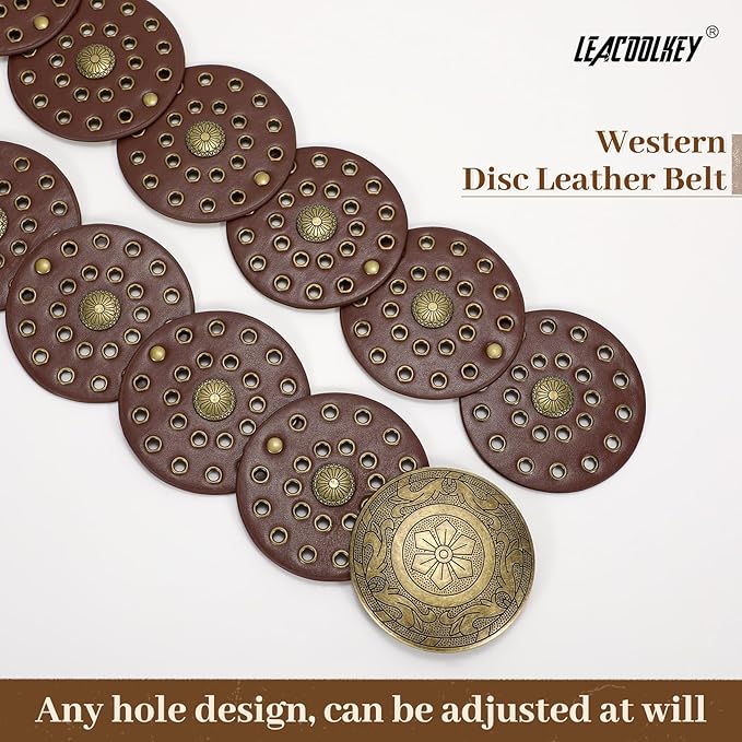 LEACOOLKEY Women's Boho Disc Belt Wide Western Leather Belt Vintage Concho Waist Belts for Dress Jeans