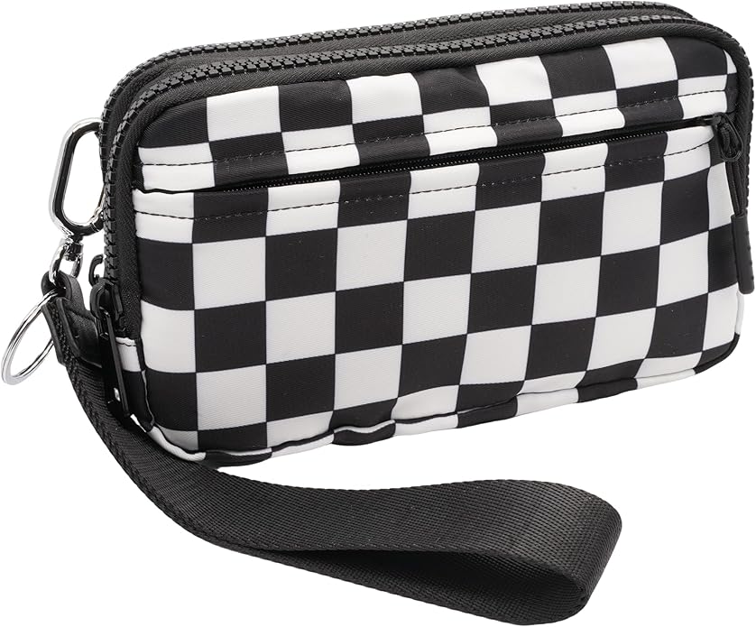 Wristlet Wallets for Women Checkered Nylon Quilted Wallet Travel Crossbody Bags with 4 Zippers Coin Card Phone Holder