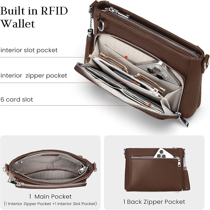 befen Anti Theft Genuine Leather Crossbody Bags for Women Handbags and Shoulder Basg with Built in Wallet RFID Leather Purse