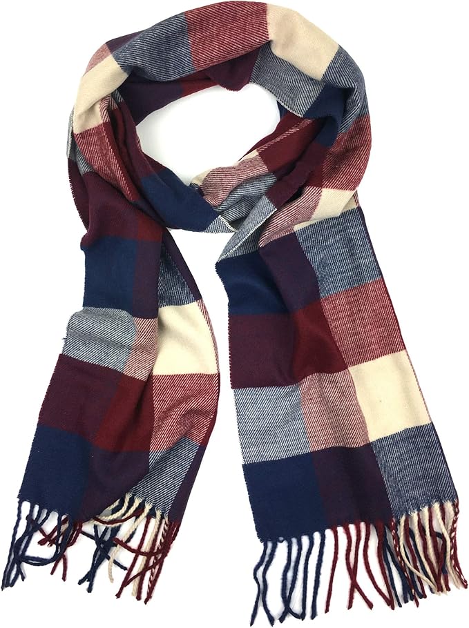 Plum Feathers Plaid Check and Solid Cashmere Feel Winter Scarf, Warm Scarfs, Cold Weather Accessories, Fringe Scarves