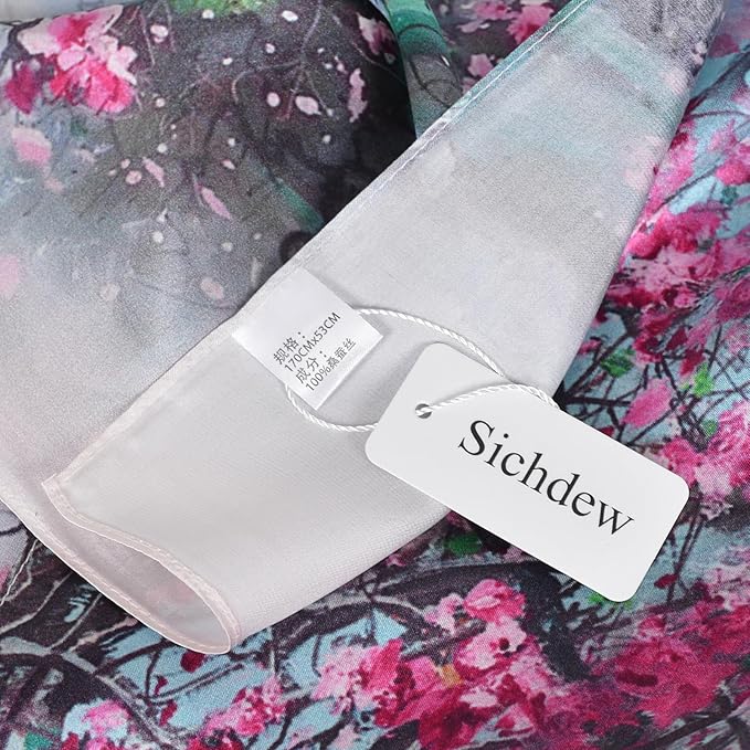 100% Mulberry Silk Scarf for Women Neck Oblong Headscarves Long Floral Print Lightweight Silk Wraps Shawls 67"*20"