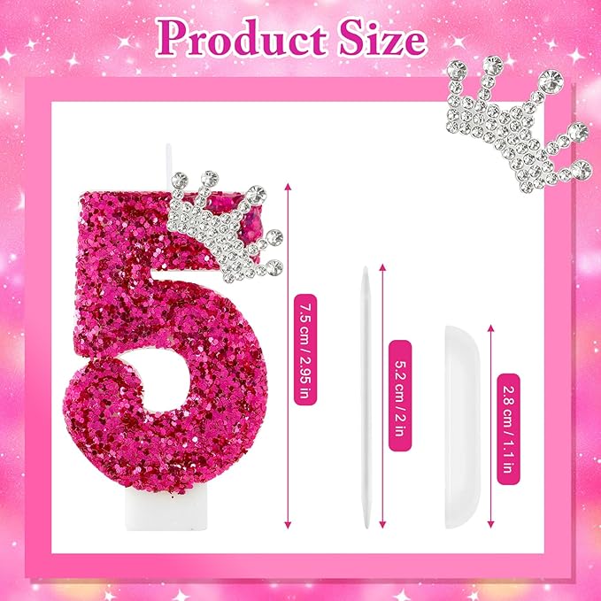 Hot Pink Birthday Candles Crown Number 5 Candle Birthday Party Decorations Cake Topper Cupcake Decor for Anniversary Celebrations Supplies