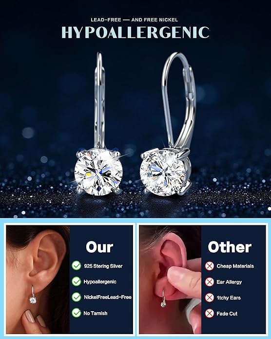 Moissanite Earrings,1.0ct-2.0ct D Color Brilliant Round Cut Earring 18K White Gold Plated Sterling Silver Dangle Earrings Moissanite Leverback Drop Earring s