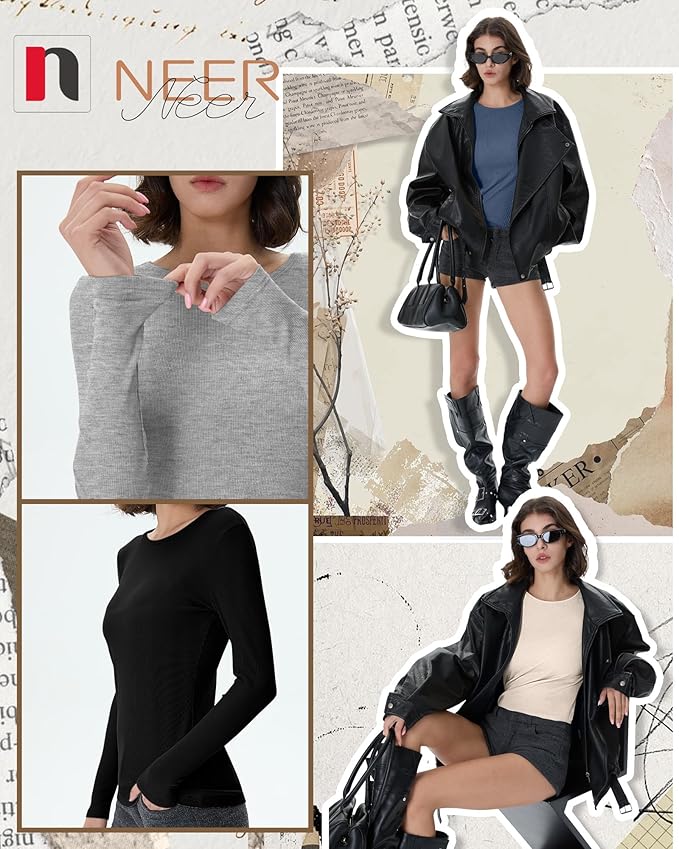 Neer 4 Pack Women's Ribbed Long Sleeve Shirts, Cotton Crew Neck Slim Fit Tops Stretch Knit Casual Base Layer Basic Tee Shirts