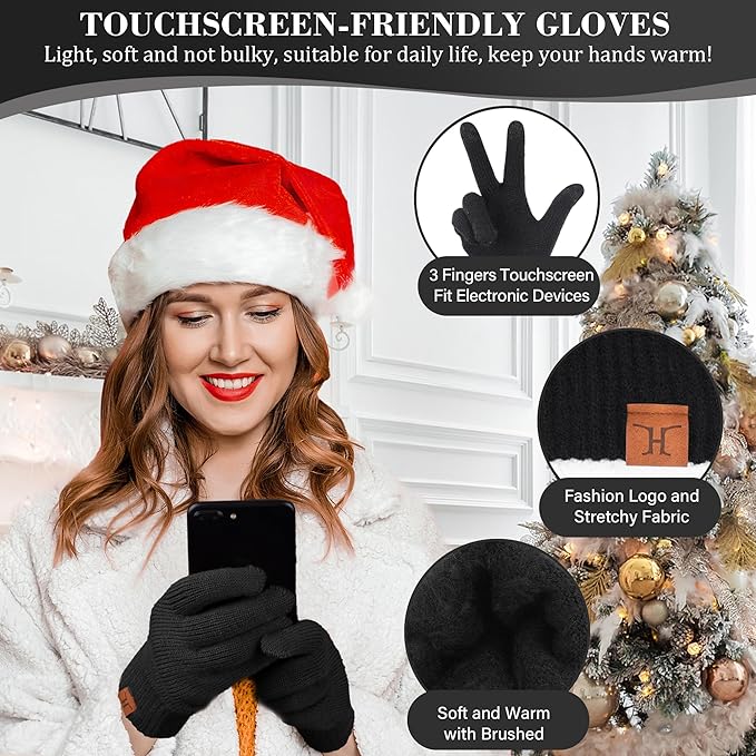 Womens Winter Beanie Hats Scarf Touchscreen Gloves Set Chenille Knit Fleece Lined Beanies Pompom Hat Scarves