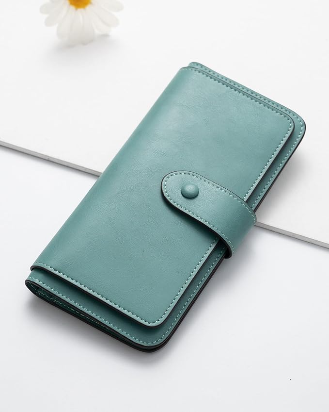 RFID Blocking Leather Wallet for Women, Slim Trifold with 14 Card Slots and Zipper Pocket (Purist Blue)