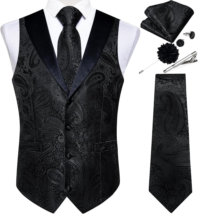 DiBanGu Mens Paisley Suit Vest Silk Jacquard Waistcoat and Necktie Set Formal Shawl Collar Dress Vest 7PCS for Wedding Party