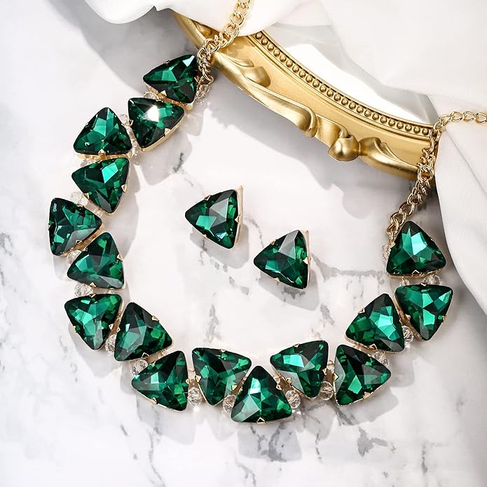 BriLove Art Deco Sparkly Triangle Statement Necklace Earrings Set for Women