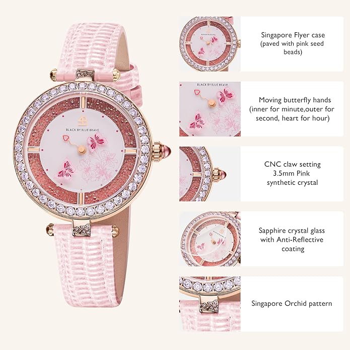Women's Watch Butterfly Watches for Women Moving Butterflys Hands with Genuine Leather Strap Bee Watches for Women BLACK BY BLUE BRAVE Butterfly Lovers, Sapphire Crystal Glass combining Cubic Zirconia Stones and 3.5mm Synthetic Crystal Women's Wrist Watch