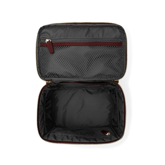 Leatherology Bordeaux Small Train Case – Full-Grain Leather Travel Cosmetic Bag with Water-Resistant Lining, Zippered & Open Pockets, Compact Beauty Organizer