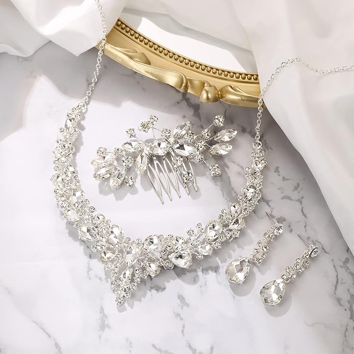 BriLove Wedding Bridal Jewelery for Women Austrian Crystal Teardrop Cluster Statement Necklace Dangle Earrings Link Bracelet Set