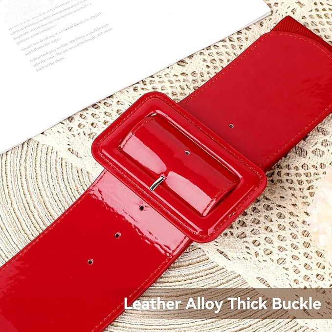 Wide Patent Leather Cinch Belt - Fashion Square Buckle Waist Belt for Dresses and Coats
